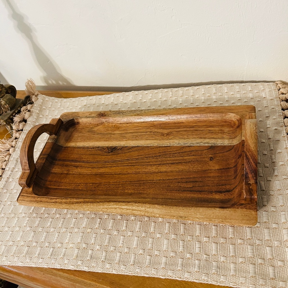 Wooden Serving Tray with Handle - Natural Brown